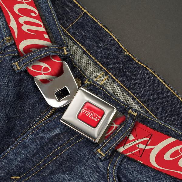 Buckle Down DRINK COCA-COLA Logo Full Color Red/White Seatbelt Belt - DRINK COCA-COLA Typograpy Logo Scattered Red/White Webbing