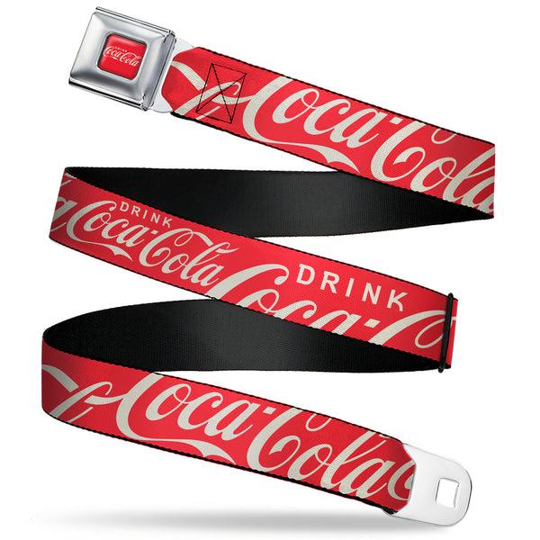 buckle down DRINK COCA-COLA Logo Full Color Red/White Seatbelt Belt - DRINK COCA-COLA Typograpy Logo Scattered Red/White Webbing