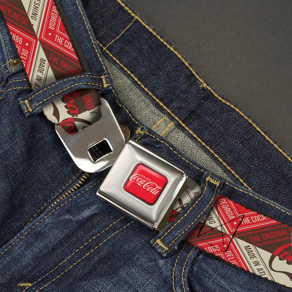 Buckle Down DRINK COCA-COLA Logo Full Color Red/White Seatbelt Belt - DRINK COCA-COLA Coke Diamond Blocks Red/Brown/Beige Webbing