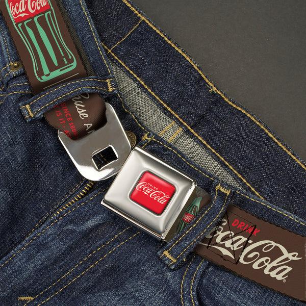 Buckle Down DRINK COCA-COLA Logo Full Color Red/White Seatbelt Belt - Coca-Cola PAUSE AND REFRESH Typography And Bottle Brown/Red/White Webbing