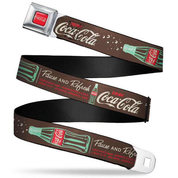 buckle down DRINK COCA-COLA Logo Full Color Red/White Seatbelt Belt - Coca-Cola PAUSE AND REFRESH Typography and Bottle Brown/Red/White Webbing