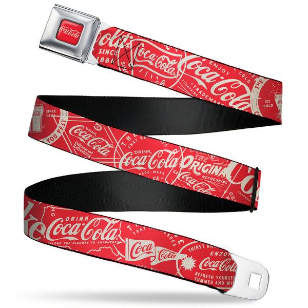 buckle down DRINK COCA-COLA Logo Full Color Red/White Seatbelt Belt - Vintage Coca-Cola Coke Icons and Ad Logos Red/White Webbing