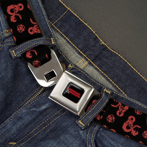 Buckle Down DUNGEONS & DRAGONS Title Logo Full Color Black/Red Seatbelt Belt - Dungeons & Dragons Ampersand Icon And Dice Collage Black/Red Webbing