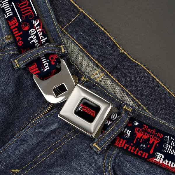 Buckle Down DUNGEONS & DRAGONS Title Logo Full Color Black/Red Seatbelt Belt - Dungeons And Dragons DRAGON MASTER Collage Black/Red/White Webbing