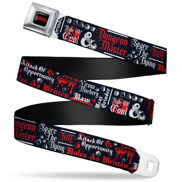 buckle down DUNGEONS & DRAGONS Title Logo Full Color Black/Red Seatbelt Belt - Dungeons and Dragons DRAGON MASTER Collage Black/Red/White Webbing