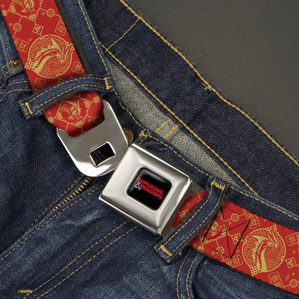 Buckle Down DUNGEONS & DRAGONS Title Logo Full Color Black/Red Seatbelt Belt - Dungeons & Dragons Year Of The Dragon Icons Red/Yellow Webbing
