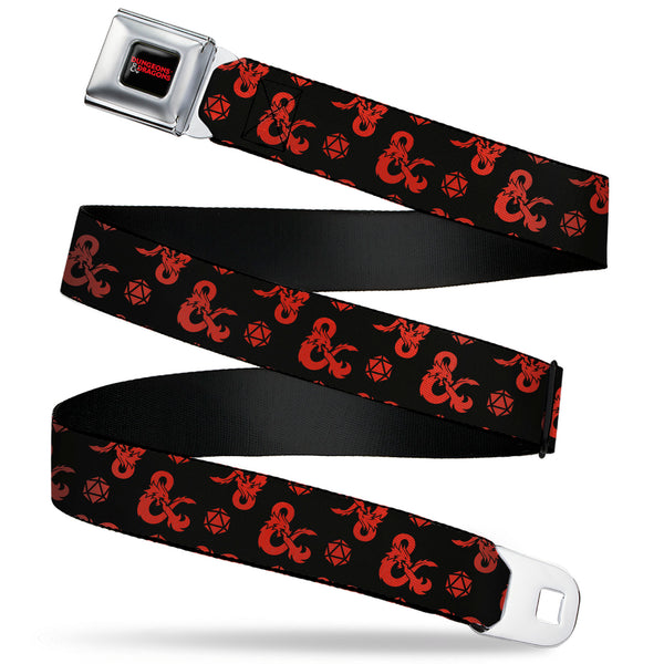 buckle down DUNGEONS & DRAGONS Title Logo Full Color Black/Red Seatbelt Belt - Dungeons & Dragons Ampersand Icon and Dice Collage Black/Red Webbing