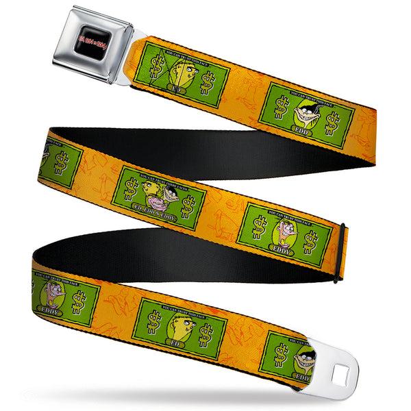 Buckle Down ED EDD N EDDY Title Logo Full Color Black/White/Red Seatbelt Belt - Ed Edd N Eddy Money Notes And Icons Orange/Greens Webbing