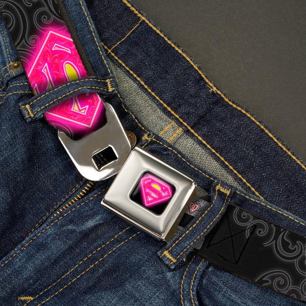 Buckle Down Electric Supergirl Shield Full Color Black Hot Pink Yellow Seatbelt Belt - Electric Supergirl Shield/Swirl Black/Gray/Hot Pink/Yellow Webbing