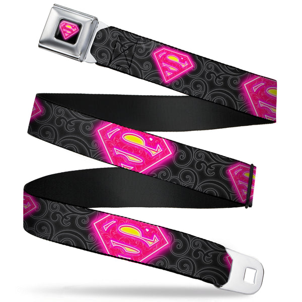 buckle down Electric Supergirl Shield Full Color Black Hot Pink Yellow Seatbelt Belt - Electric Supergirl Shield/Swirl Black/Gray/Hot Pink/Yellow Webbing