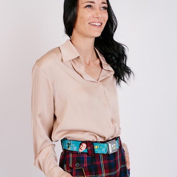 Buckle Down ELF Buddy The Elf Logo Full Color White/Greens/Yellow Seatbelt Belt - Elf Buddy The Elf Poses And Quotes Collage Blue/Green/White Webbing