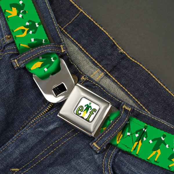 Buckle Down ELF Buddy The Elf Logo Full Color White/Greens/Yellow Seatbelt Belt - Elf Buddy The Elf Silhouette Poses Greens/White/Yellow Webbing