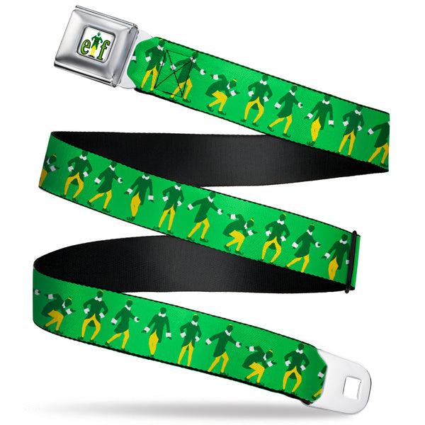 buckle down ELF Buddy the Elf Logo Full Color White/Greens/Yellow Seatbelt Belt - Elf Buddy the Elf Silhouette Poses Greens/White/Yellow Webbing