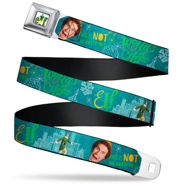 buckle down ELF Buddy the Elf Logo Full Color White/Greens/Yellow Seatbelt Belt - Elf Buddy the Elf Poses and Quotes Collage Blue/Green/White Webbing