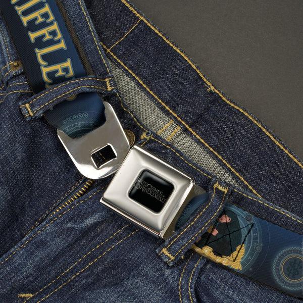 Buckle Down FANTASTIC BEASTS THE CRIMES OF GRINDELWALD Logo Full Color Black/Silvers Seatbelt Belt - NIFFLER Gold Coin Pose/NS Monogam Blues/Gold Webbing
