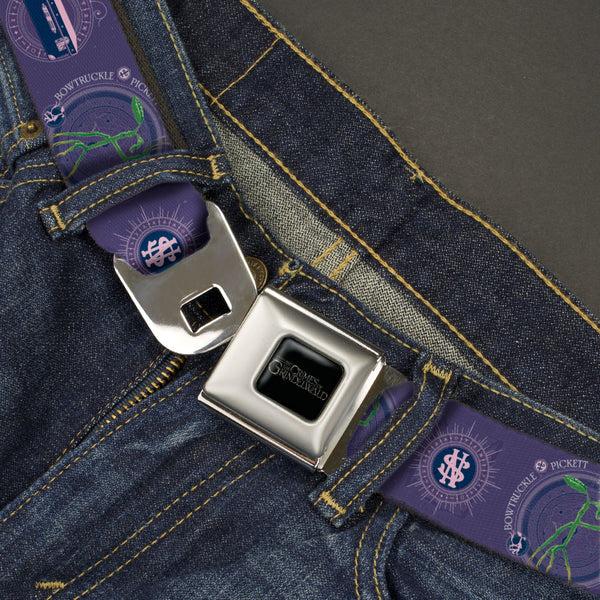 Buckle Down FANTASTIC BEASTS THE CRIMES OF GRINDELWALD Logo Full Color Black/Silvers Seatbelt Belt - BOWTRUCKLE PICKETT Pose/Icons Purples/Blues/White Webbing