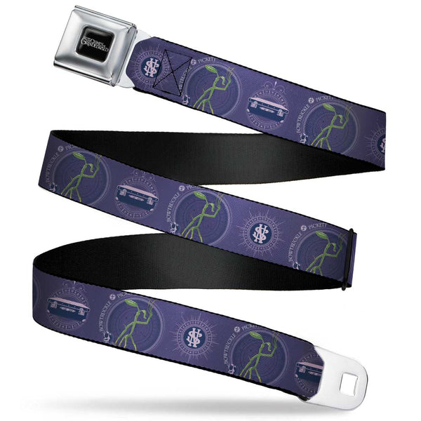 buckle down FANTASTIC BEASTS THE CRIMES OF GRINDELWALD Logo Full Color Black/Silvers Seatbelt Belt - BOWTRUCKLE PICKETT Pose/Icons Purples/Blues/White Webbing
