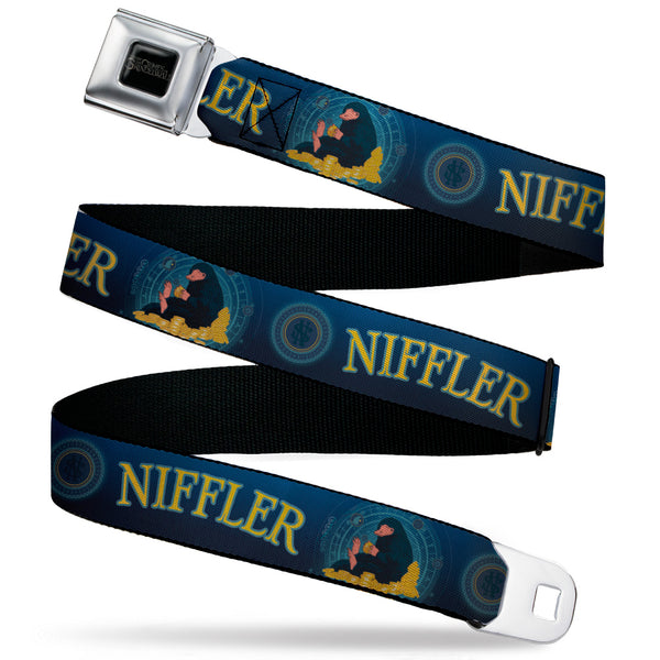 buckle down FANTASTIC BEASTS THE CRIMES OF GRINDELWALD Logo Full Color Black/Silvers Seatbelt Belt - NIFFLER Gold Coin Pose/NS Monogam Blues/Gold Webbing