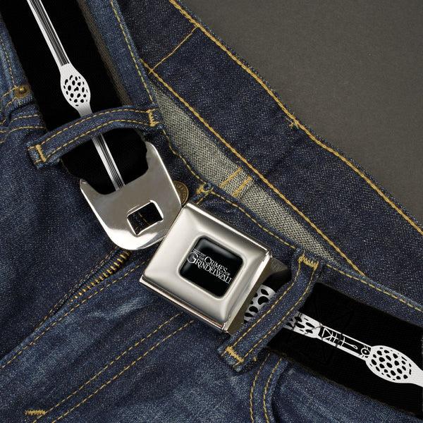 Buckle Down FANTASTIC BEASTS THE CRIMES OF GRINDEWALD Logo Full Color Black/White Seatbelt Belt - Fantastic Beasts The Crimes Of Grindelwald Elder Wand Black/White Webbing