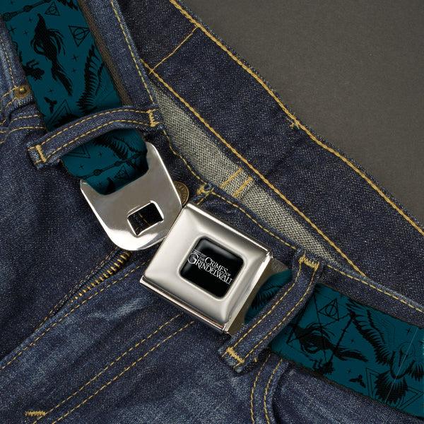 Buckle Down FANTASTIC BEASTS THE CRIMES OF GRINDEWALD Logo Full Color Black/White Seatbelt Belt - Fantastic Beasts The Crimes Of Grindelwald Icons/Beasts Collage Blue/Black Webbing