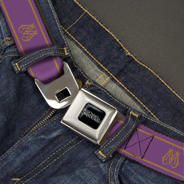 Buckle Down FANTASTIC BEASTS THE CRIMES OF GRINDEWALD Logo Full Color Black/White Seatbelt Belt - Fantastic Beasts The Crimes Of Grindelwald Ministry Of Magic Icon Purple/Gold Webbing
