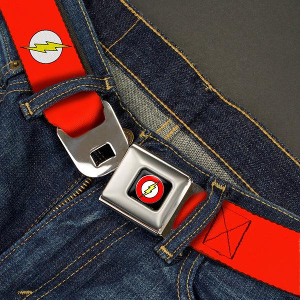Buckle Down Flash Logo Black Seatbelt Belt - Flash Logo Red/White/Yellow Webbing