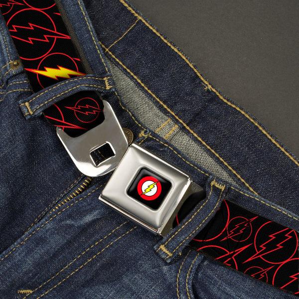 Buckle Down Flash Logo Full Color Black Seatbelt Belt - The Flash Logo13 Scattered Black/Red/Yellow Webbing