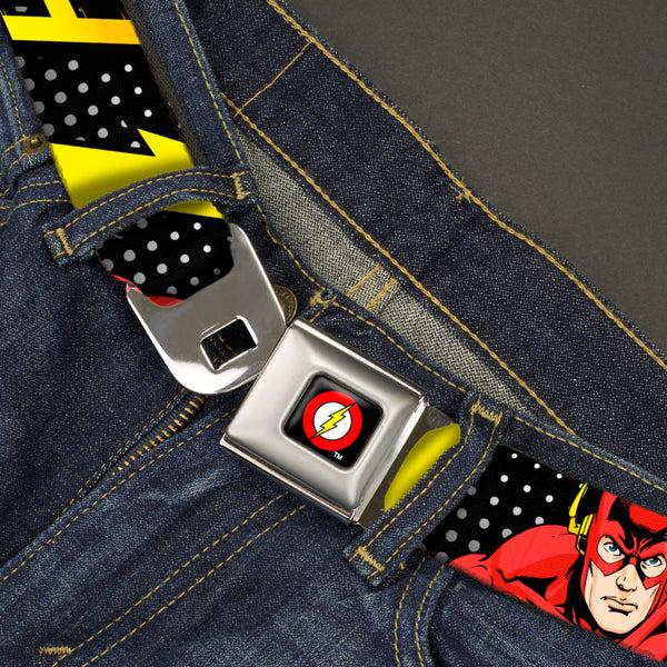 Buckle Down Flash Logo Full Color Black Seatbelt Belt - THE FLASH Running Action Pose/Lightning Bolt Halftone Dots Black/Grays/Yellows Webbing