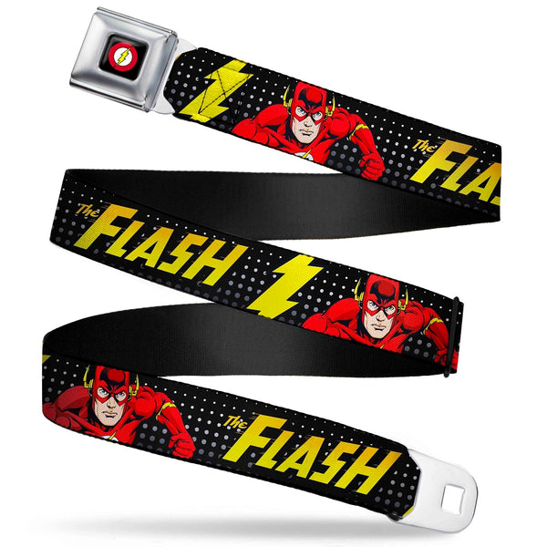 buckle down Flash Logo Full Color Black Seatbelt Belt - THE FLASH Running Action Pose/Lightning Bolt Halftone Dots Black/Grays/Yellows Webbing