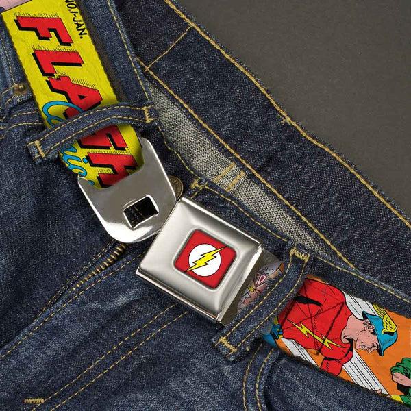 Buckle Down Flash Logo Full Color Red White Yellow Seatbelt Belt - Classic FLASH COMICS Issue #1 Introducing Flash Cover Pose Webbing