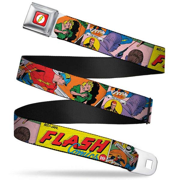 buckle down Flash Logo Full Color Red White Yellow Seatbelt Belt - Classic FLASH COMICS Issue #1 Introducing Flash Cover Pose Webbing