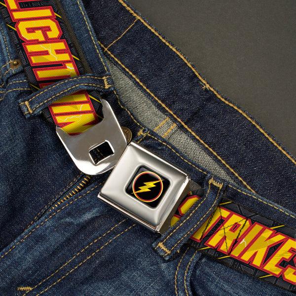 Buckle Down Flash Logo4 Full Color Black Yellow Red Seatbelt Belt - The Flash Running Poses LIGHTNING STRIKES Grays/Red/Yellow Webbing