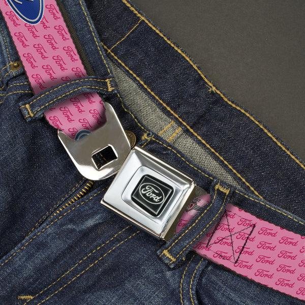 Buckle Down Ford Emblem Seatbelt Belt - Ford Oval W/Text PINK REPEAT Webbing