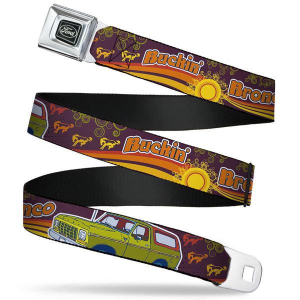 buckle down Ford Emblem Seatbelt Belt - Vintage Ford Bronco-BUCKIN' BRONCO Wine/Red/Orange/Green Webbing