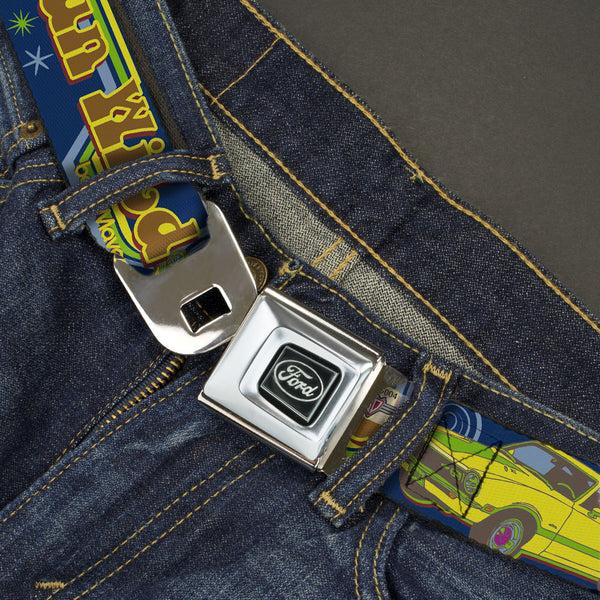 Buckle Down Ford Emblem Seatbelt Belt - Vintage Ford MAVERICK-RUN WILD BE A MAVERICK Blues/Yellows Webbing