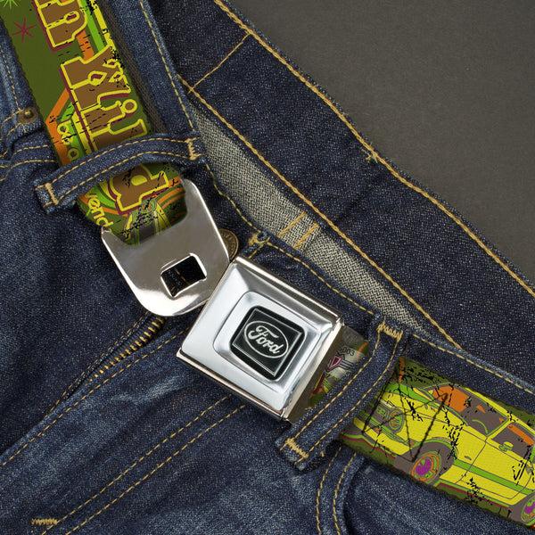 Buckle Down Ford Emblem Seatbelt Belt - Vintage Ford MAVERICK-RUN WILD BE A MAVERICK Greens/Yellows Webbing