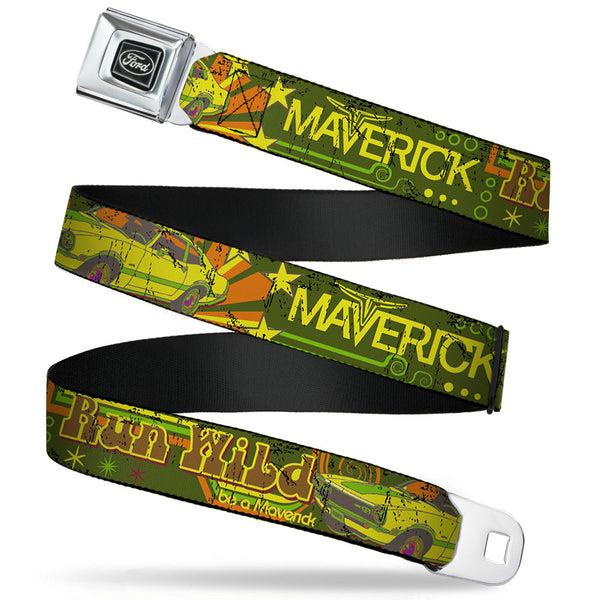 buckle down Ford Emblem Seatbelt Belt - Vintage Ford MAVERICK-RUN WILD BE A MAVERICK Greens/Yellows Webbing