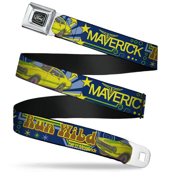 buckle down Ford Emblem Seatbelt Belt - Vintage Ford MAVERICK-RUN WILD BE A MAVERICK Blues/Yellows Webbing