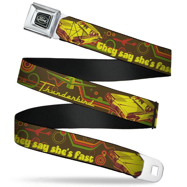 buckle down Ford Emblem Seatbelt Belt - Vintage Ford THUNDERBIRD-THEY SAY SHE'S FAST Browns/Yellows Webbing