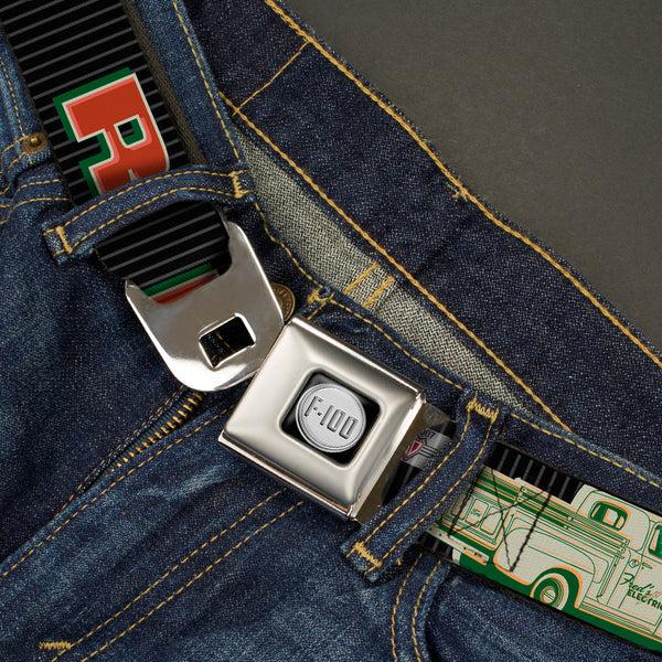 Buckle Down Ford F-100 Logo Full Color Black Grays Seatbelt Belt - FORD/Classic Ford Trucks Vertical Stripe Black/Grays/Green/Red Webbing