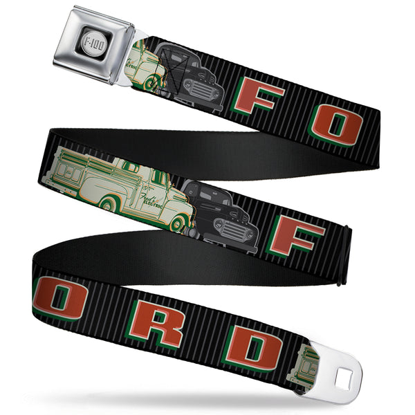 buckle down Ford F-100 Logo Full Color Black Grays Seatbelt Belt - FORD/Classic Ford Trucks Vertical Stripe Black/Grays/Green/Red Webbing