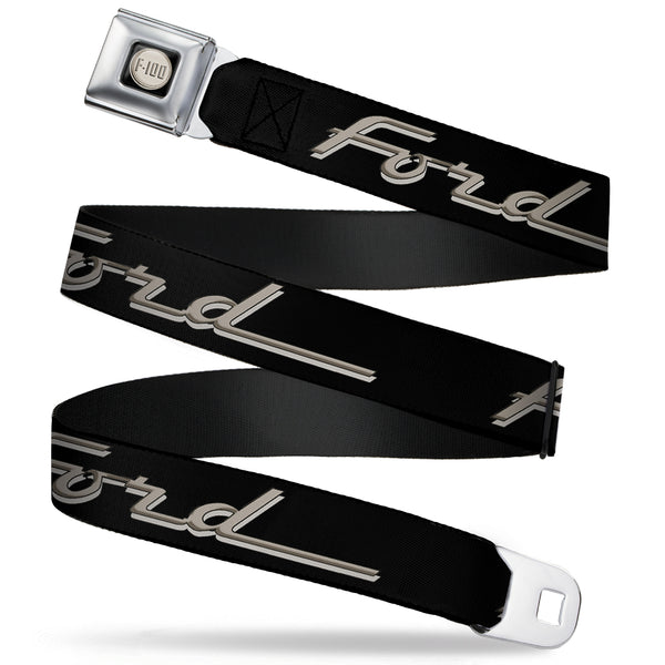 buckle down Ford F-100 Logo Full Color Black Tans Seatbelt Belt - FORD F-100 Script Black/Tan-Gray Webbing