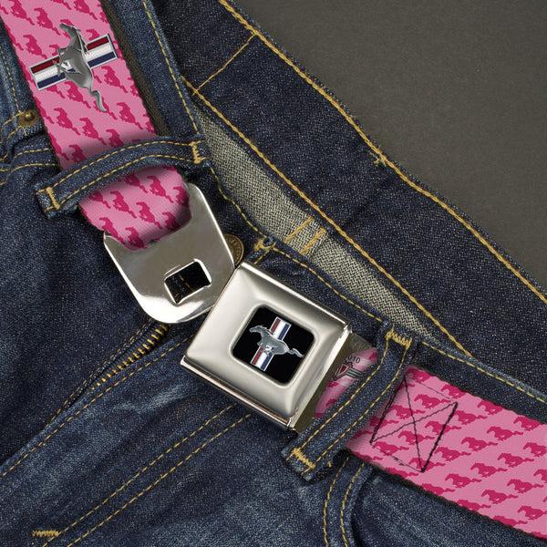 Buckle Down Ford Mustang Emblem Seatbelt Belt - Ford Mustang W/Bars W/Text PINK LOGO REPEAT Webbing
