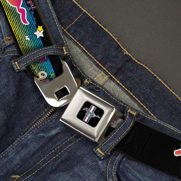 Buckle Down Ford Mustang Emblem Seatbelt Belt - Mustang PONY GIRL UNTAMED SPIRIT/Stars Black/Multi Color Webbing