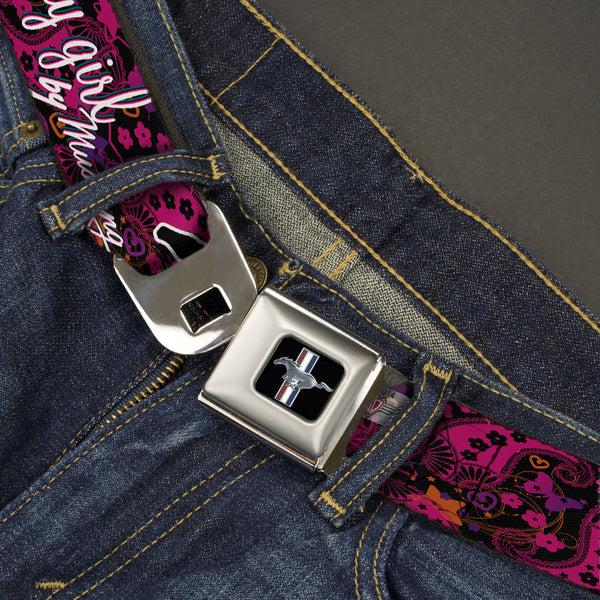 Buckle Down Ford Mustang Emblem Seatbelt Belt - Mustang PONY GIRL/Floral Collage Black/Pinks/White Webbing