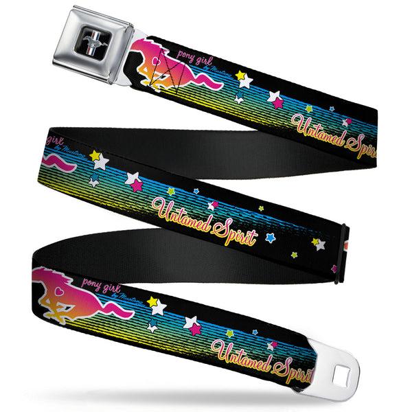 buckle down Ford Mustang Emblem Seatbelt Belt - Mustang PONY GIRL UNTAMED SPIRIT/Stars Black/Multi Color Webbing