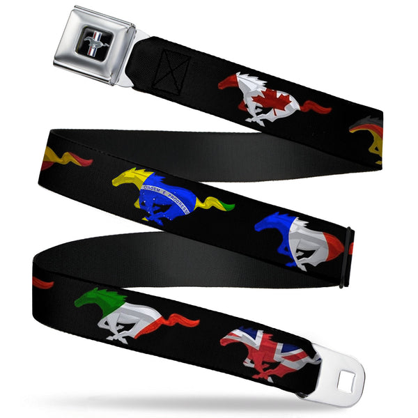 buckle down Ford Mustang Emblem Seatbelt Belt - Mustang Silhouette Black/International Flags Webbing