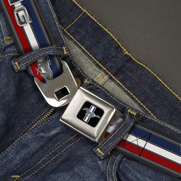 Buckle Down Ford Mustang Emblem Seatbelt Belt - Mustang/Text W/Tri-Bar Stripe Webbing