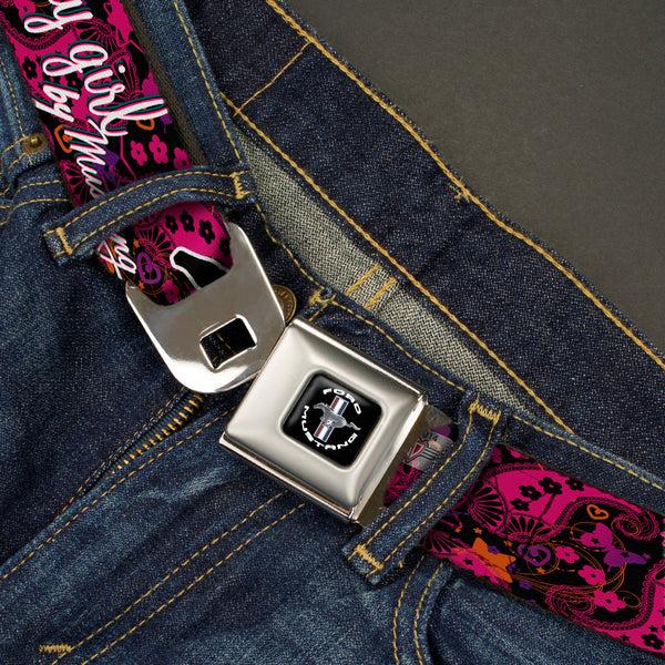 Buckle Down FORD MUSTANG Tri-Bar Logo Full Color Black White Silver Red Blue Seatbelt Belt - Mustang PONY GIRL/Floral Collage Black/Pinks/White Webbing