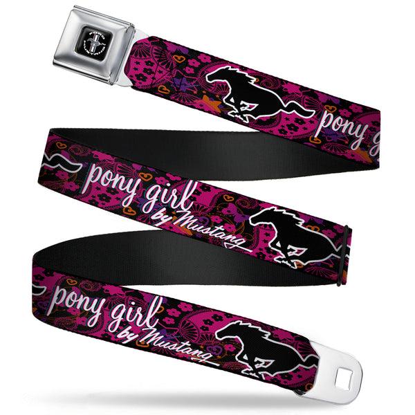 buckle down FORD MUSTANG Tri-Bar Logo Full Color Black White Silver Red Blue Seatbelt Belt - Mustang PONY GIRL/Floral Collage Black/Pinks/White Webbing